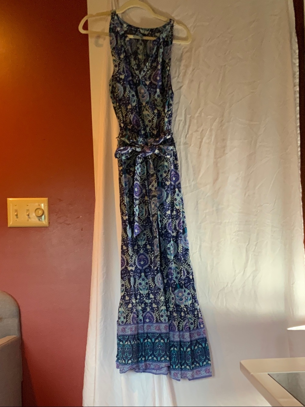 Talbots Blue and Purple Paisley Maxi Dress with Self-Tie Waist